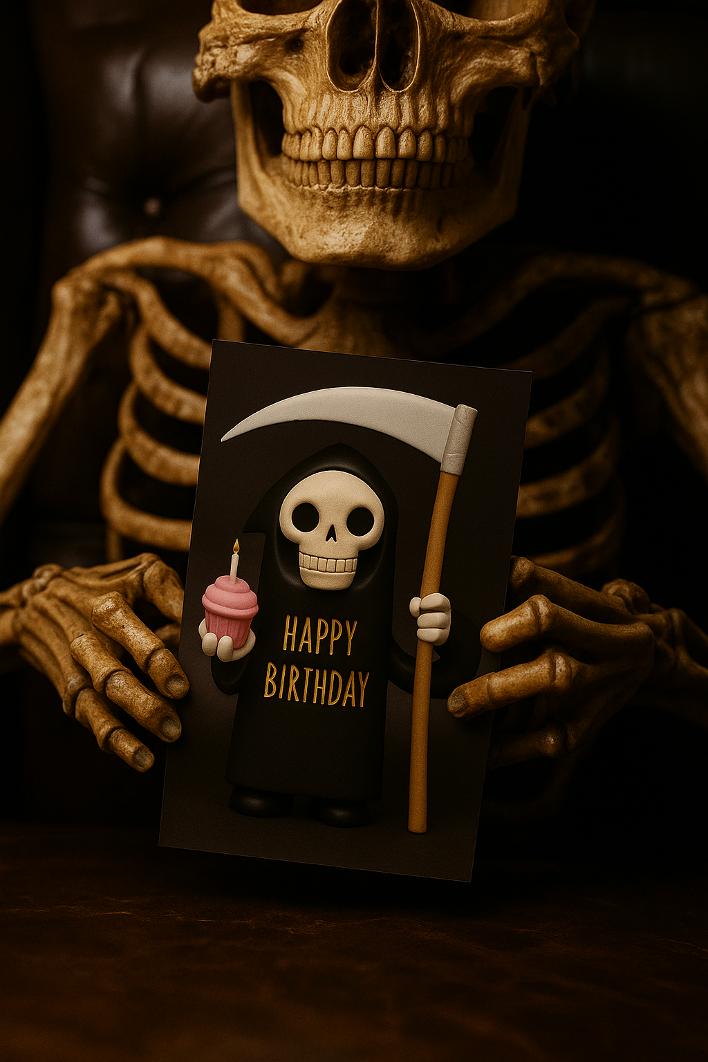 Skeleton holding a Grim Reaper happy birthday card